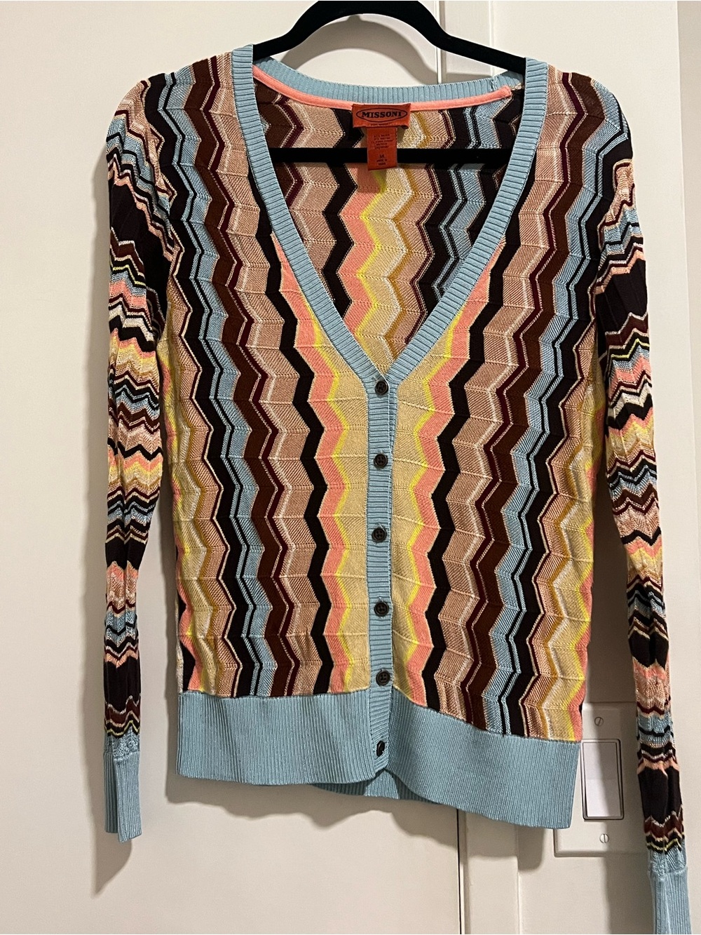 Missoni Multicolor Zigzag V-Neck Cardigan with Light Blue Trim